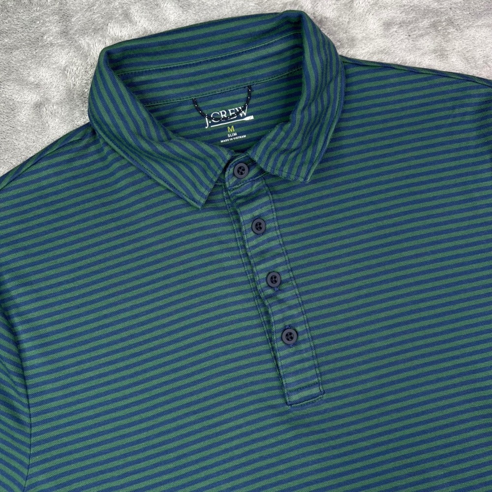 J Crew Oarsman Performance Polo Shirt Mens M Blue Green Striped Slim Fit Pique